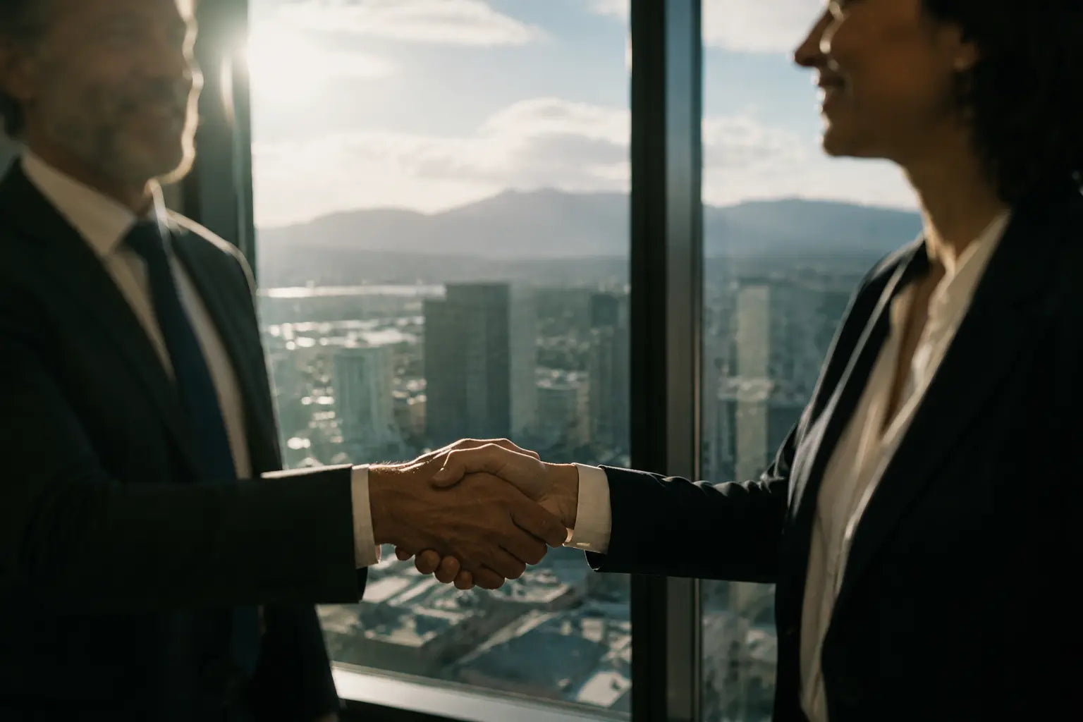 Professional handshake near a panoramic window