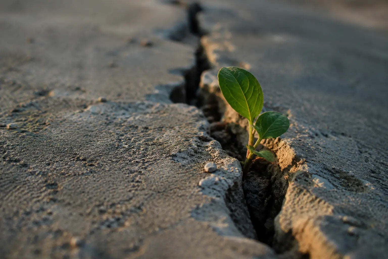 A living shoot emerging through a fracture in concrete